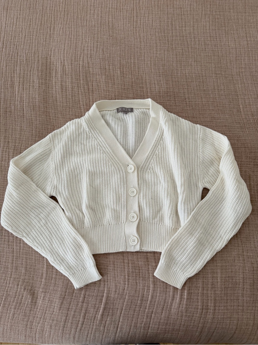 J. Crew Cream Cropped Cotton-Blend V-Neck Cardigan - Picture 2 of 4